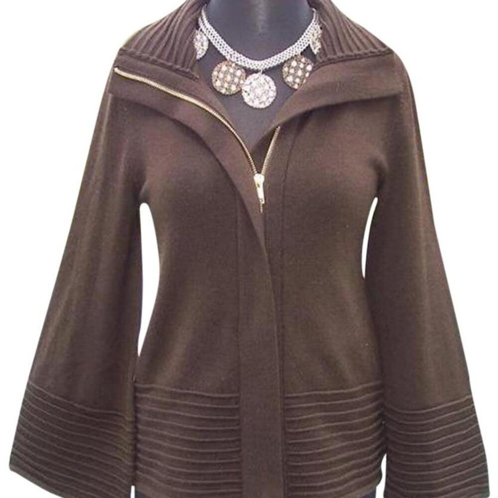 Cache Brown Knit Exaggerated Collar 2 Way Un Zip Jacket Top New NWT $118